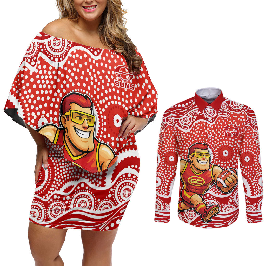Gold Coast Suns Couples Matching Off Shoulder Short Dress and Long Sleeve Button Shirt Aboriginal Dot Pattern - Football Mascot Heritage Pride