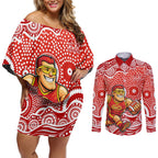 Gold Coast Suns Couples Matching Off Shoulder Short Dress and Long Sleeve Button Shirt Aboriginal Dot Pattern - Football Mascot Heritage Pride