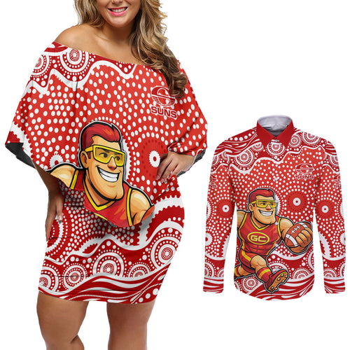 Gold Coast Suns Couples Matching Off Shoulder Short Dress and Long Sleeve Button Shirt Aboriginal Dot Pattern - Football Mascot Heritage Pride