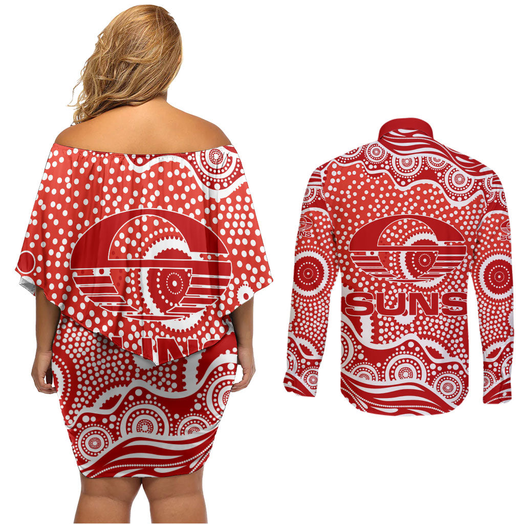 Gold Coast Suns Couples Matching Off Shoulder Short Dress and Long Sleeve Button Shirt Aboriginal Dot Pattern - Football Mascot Heritage Pride