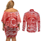 Gold Coast Suns Couples Matching Off Shoulder Short Dress and Long Sleeve Button Shirt Aboriginal Dot Pattern - Football Mascot Heritage Pride