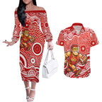 Gold Coast Suns Couples Matching Off The Shoulder Long Sleeve Dress and Hawaiian Shirt Aboriginal Dot Pattern - Football Mascot Heritage Pride