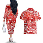 Gold Coast Suns Couples Matching Off The Shoulder Long Sleeve Dress and Hawaiian Shirt Aboriginal Dot Pattern - Football Mascot Heritage Pride