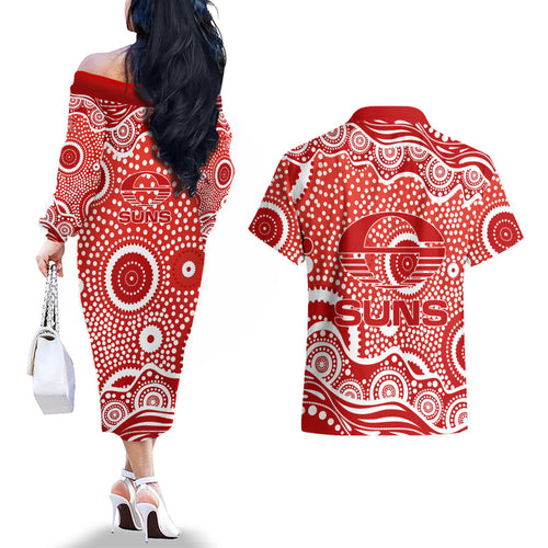 Gold Coast Suns Couples Matching Off The Shoulder Long Sleeve Dress and Hawaiian Shirt Aboriginal Dot Pattern - Football Mascot Heritage Pride