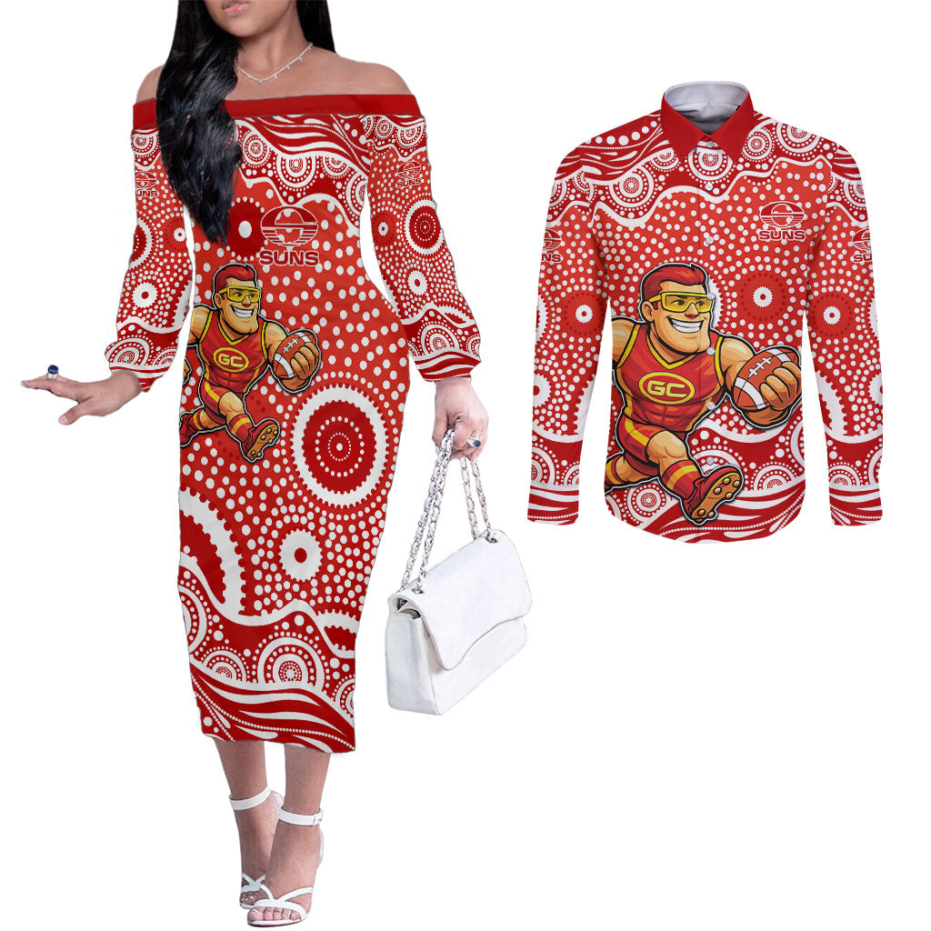 Gold Coast Suns Couples Matching Off The Shoulder Long Sleeve Dress and Long Sleeve Button Shirt Aboriginal Dot Pattern - Football Mascot Heritage Pride