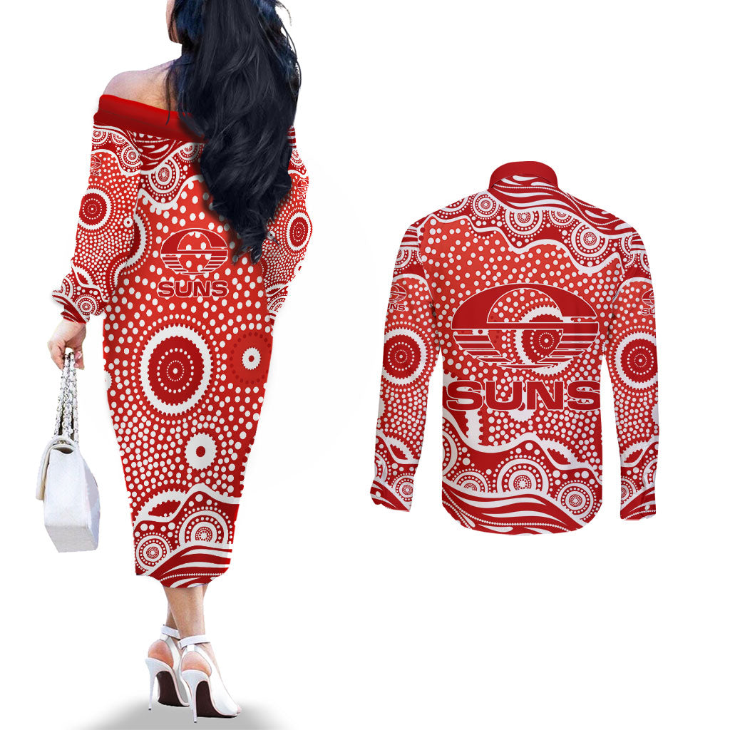 Gold Coast Suns Couples Matching Off The Shoulder Long Sleeve Dress and Long Sleeve Button Shirt Aboriginal Dot Pattern - Football Mascot Heritage Pride
