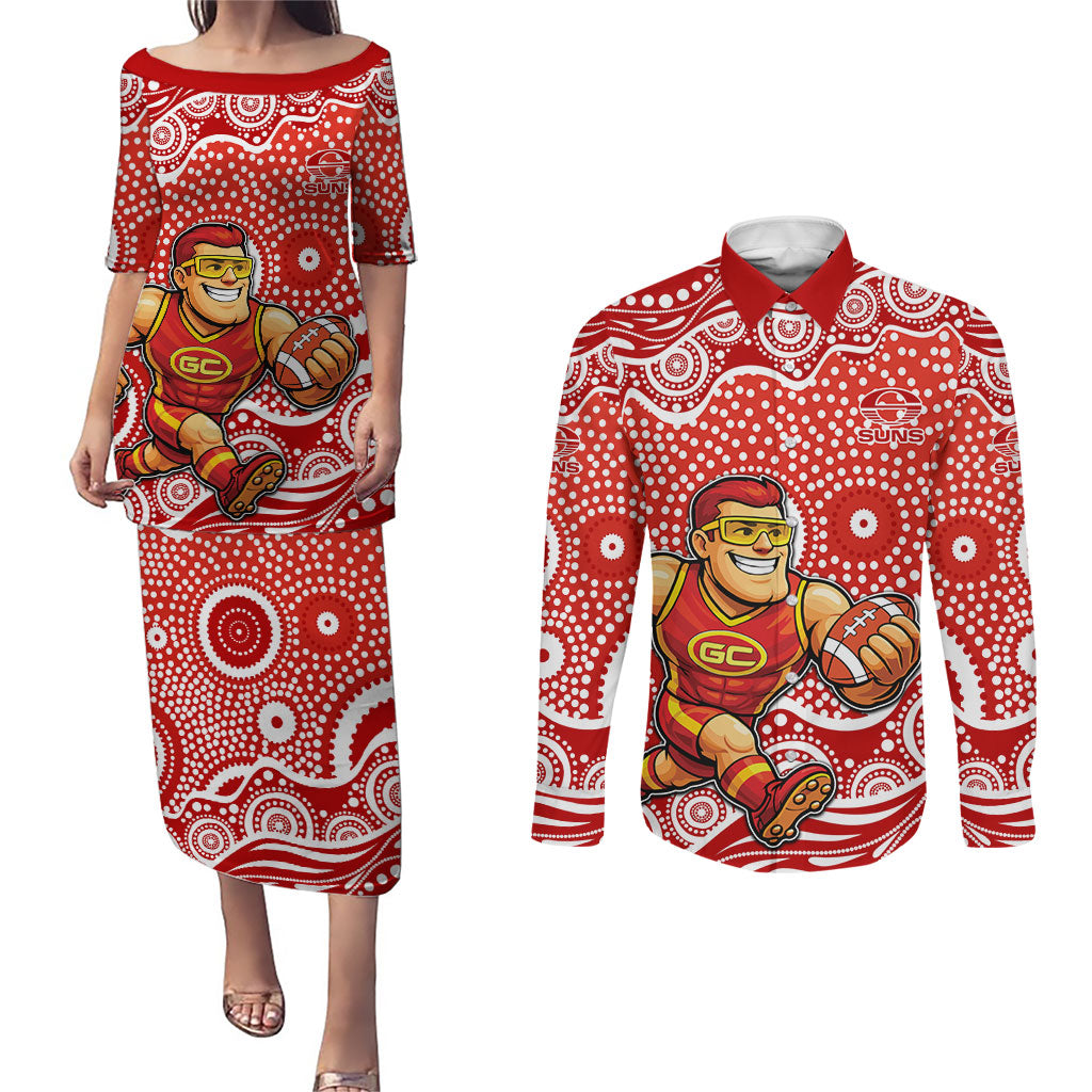 Gold Coast Suns Couples Matching Puletasi and Long Sleeve Button Shirt Aboriginal Dot Pattern - Football Mascot Heritage Pride