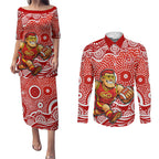 Gold Coast Suns Couples Matching Puletasi and Long Sleeve Button Shirt Aboriginal Dot Pattern - Football Mascot Heritage Pride