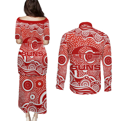 Gold Coast Suns Couples Matching Puletasi and Long Sleeve Button Shirt Aboriginal Dot Pattern - Football Mascot Heritage Pride