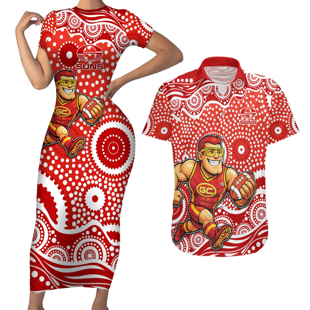 Gold Coast Suns Couples Matching Short Sleeve Bodycon Dress and Hawaiian Shirt Aboriginal Dot Pattern - Football Mascot Heritage Pride