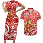 Gold Coast Suns Couples Matching Short Sleeve Bodycon Dress and Hawaiian Shirt Aboriginal Dot Pattern - Football Mascot Heritage Pride