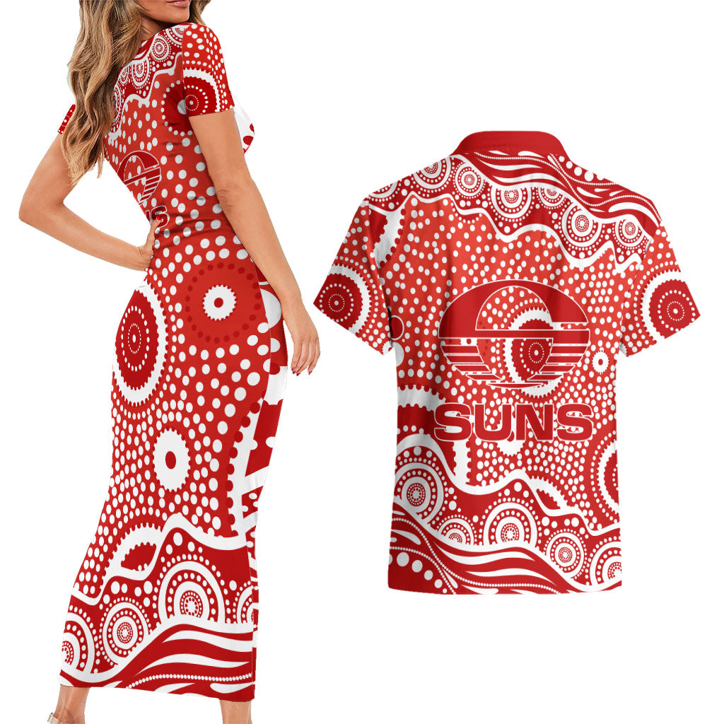 Gold Coast Suns Couples Matching Short Sleeve Bodycon Dress and Hawaiian Shirt Aboriginal Dot Pattern - Football Mascot Heritage Pride