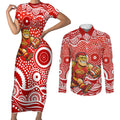 Gold Coast Suns Couples Matching Short Sleeve Bodycon Dress and Long Sleeve Button Shirt Aboriginal Dot Pattern - Football Mascot Heritage Pride