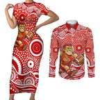 Gold Coast Suns Couples Matching Short Sleeve Bodycon Dress and Long Sleeve Button Shirt Aboriginal Dot Pattern - Football Mascot Heritage Pride