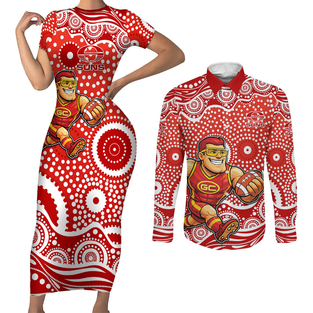Gold Coast Suns Couples Matching Short Sleeve Bodycon Dress and Long Sleeve Button Shirt Aboriginal Dot Pattern - Football Mascot Heritage Pride