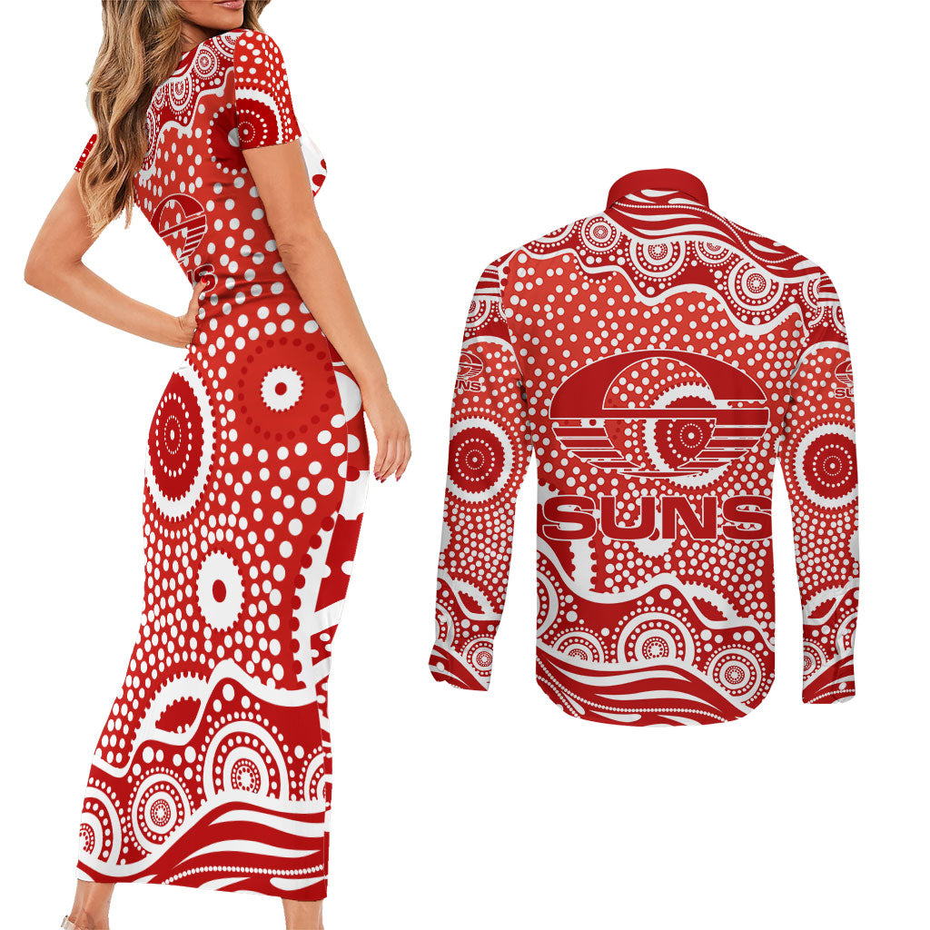 Gold Coast Suns Couples Matching Short Sleeve Bodycon Dress and Long Sleeve Button Shirt Aboriginal Dot Pattern - Football Mascot Heritage Pride