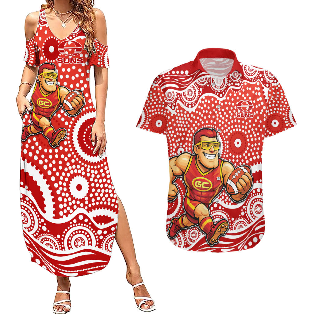 Gold Coast Suns Couples Matching Summer Maxi Dress and Hawaiian Shirt Aboriginal Dot Pattern - Football Mascot Heritage Pride