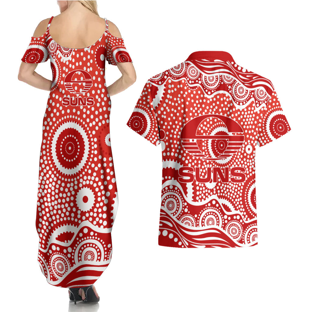 Gold Coast Suns Couples Matching Summer Maxi Dress and Hawaiian Shirt Aboriginal Dot Pattern - Football Mascot Heritage Pride