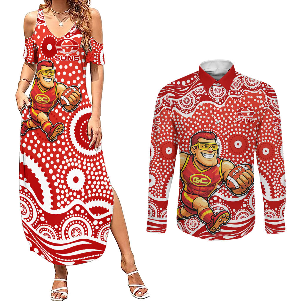 Gold Coast Suns Couples Matching Summer Maxi Dress and Long Sleeve Button Shirt Aboriginal Dot Pattern - Football Mascot Heritage Pride