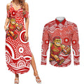 Gold Coast Suns Couples Matching Summer Maxi Dress and Long Sleeve Button Shirt Aboriginal Dot Pattern - Football Mascot Heritage Pride