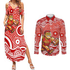 Gold Coast Suns Couples Matching Summer Maxi Dress and Long Sleeve Button Shirt Aboriginal Dot Pattern - Football Mascot Heritage Pride