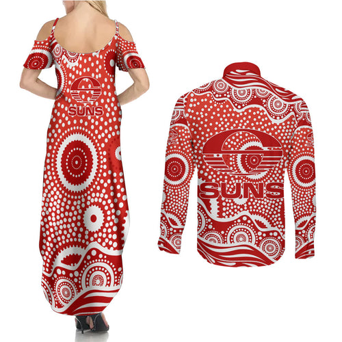 Gold Coast Suns Couples Matching Summer Maxi Dress and Long Sleeve Button Shirt Aboriginal Dot Pattern - Football Mascot Heritage Pride