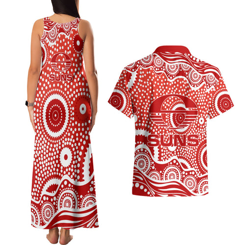 Gold Coast Suns Couples Matching Tank Maxi Dress and Hawaiian Shirt Aboriginal Dot Pattern - Football Mascot Heritage Pride