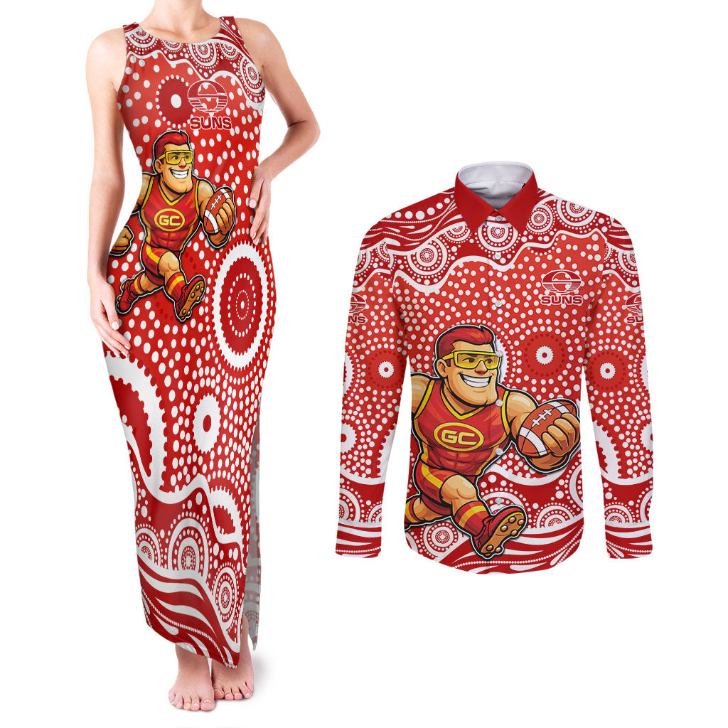 Gold Coast Suns Couples Matching Tank Maxi Dress and Long Sleeve Button Shirt Aboriginal Dot Pattern - Football Mascot Heritage Pride