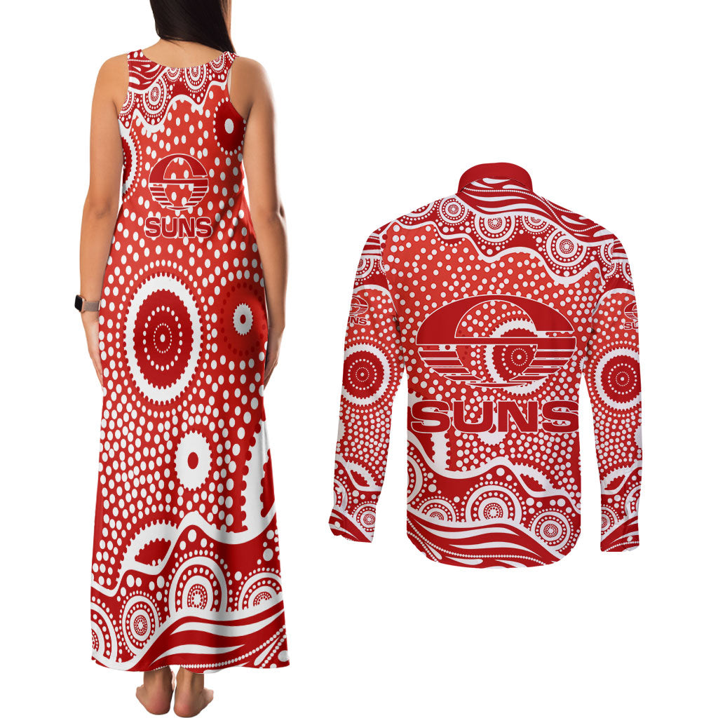 Gold Coast Suns Couples Matching Tank Maxi Dress and Long Sleeve Button Shirt Aboriginal Dot Pattern - Football Mascot Heritage Pride
