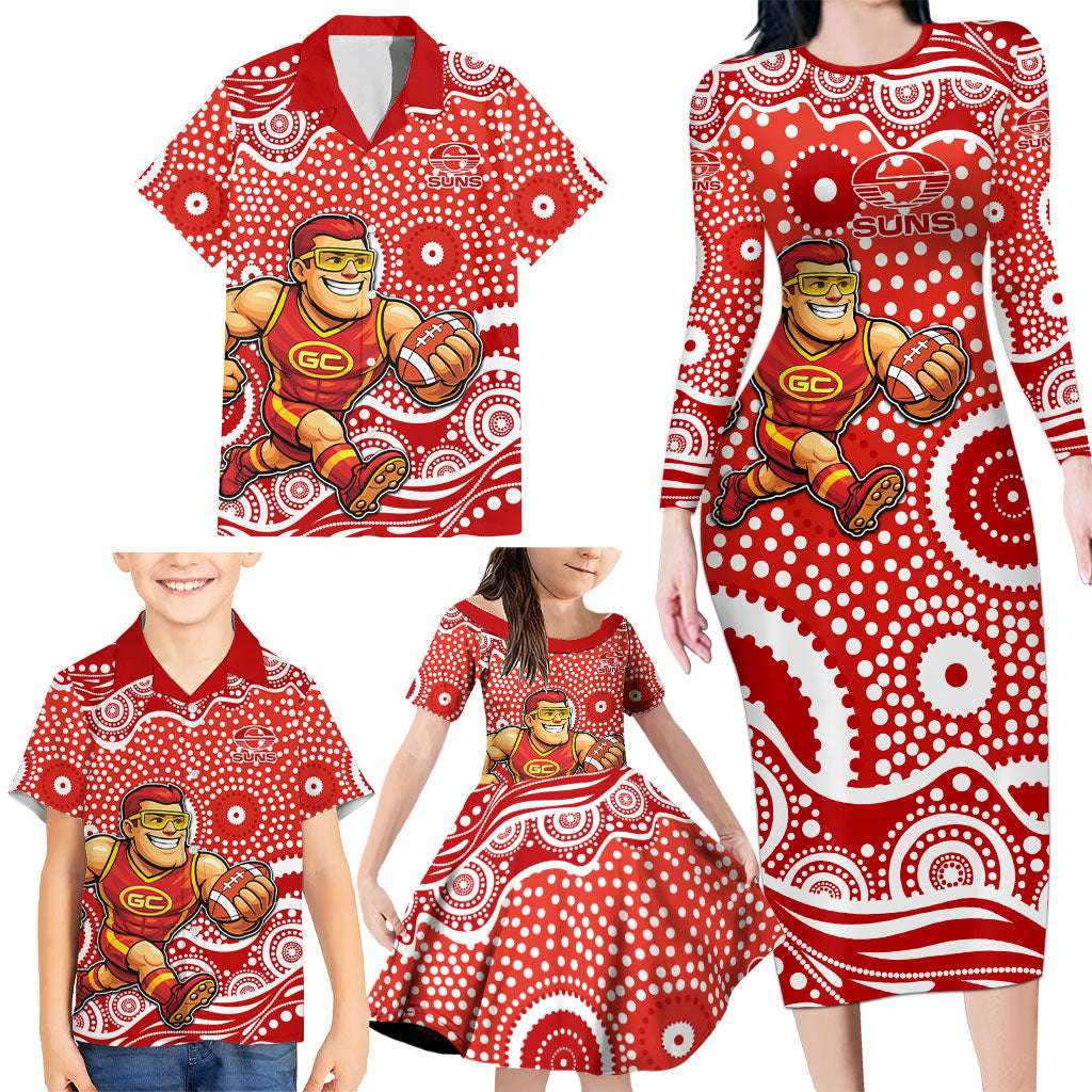 Gold Coast Suns Family Matching Long Sleeve Bodycon Dress and Hawaiian Shirt Aboriginal Dot Pattern - Football Mascot Heritage Pride