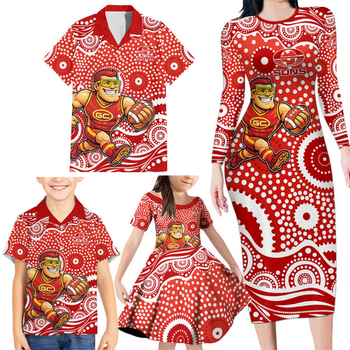 Gold Coast Suns Family Matching Long Sleeve Bodycon Dress and Hawaiian Shirt Aboriginal Dot Pattern - Football Mascot Heritage Pride