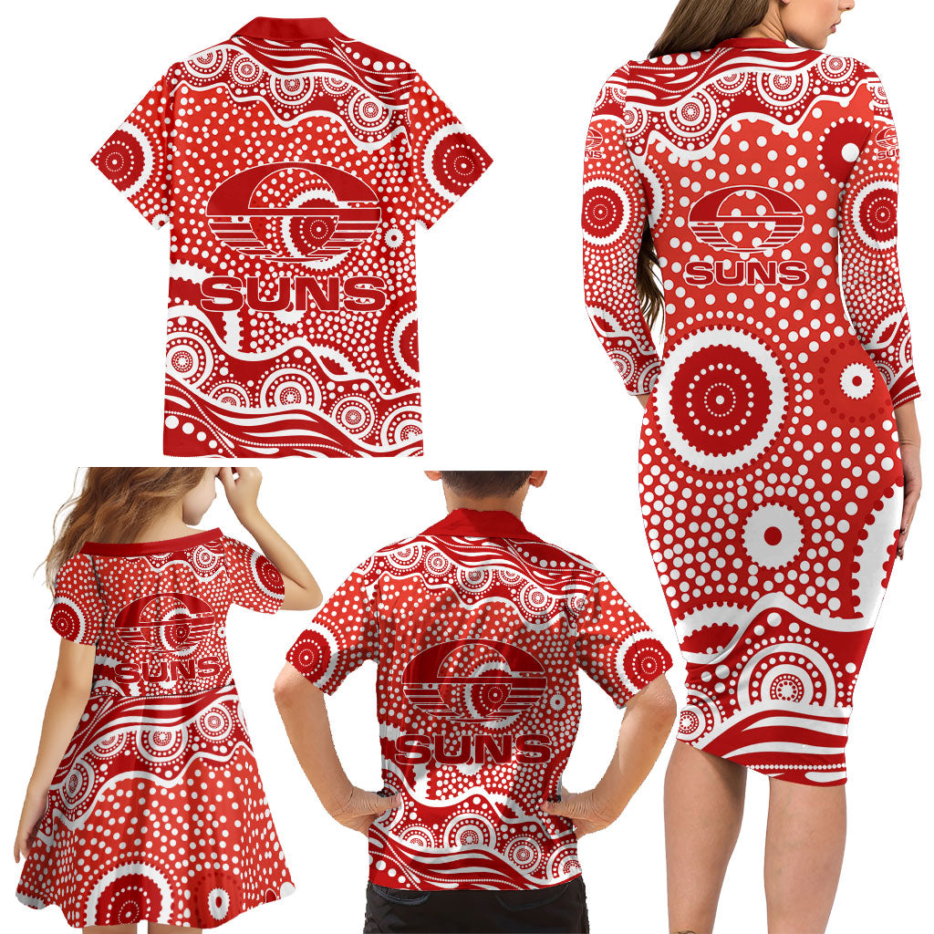 Gold Coast Suns Family Matching Long Sleeve Bodycon Dress and Hawaiian Shirt Aboriginal Dot Pattern - Football Mascot Heritage Pride
