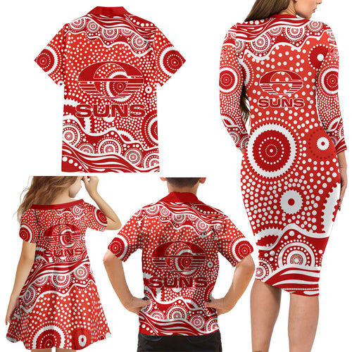 Gold Coast Suns Family Matching Long Sleeve Bodycon Dress and Hawaiian Shirt Aboriginal Dot Pattern - Football Mascot Heritage Pride