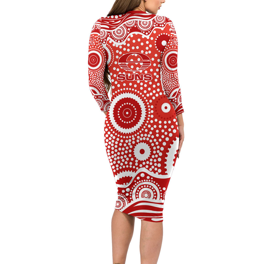 Gold Coast Suns Family Matching Long Sleeve Bodycon Dress and Hawaiian Shirt Aboriginal Dot Pattern - Football Mascot Heritage Pride