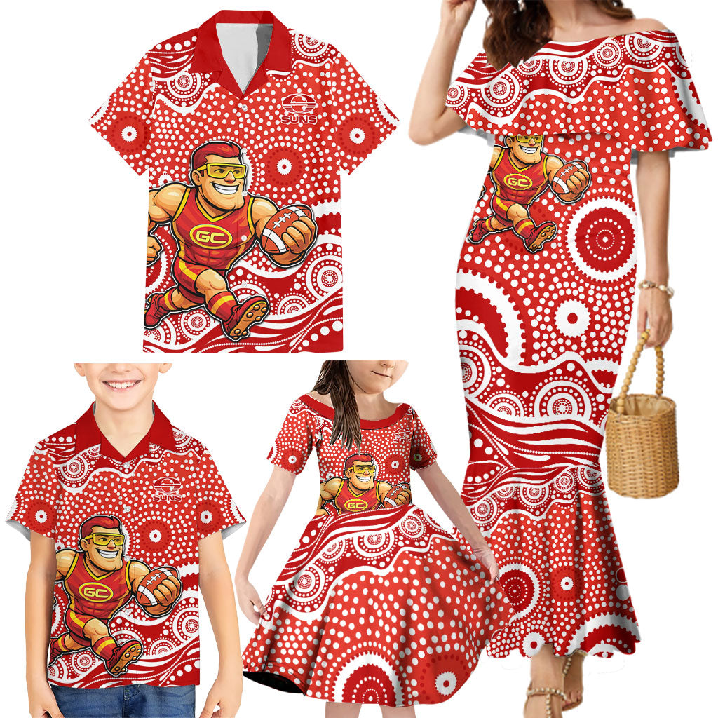 Gold Coast Suns Family Matching Mermaid Dress and Hawaiian Shirt Aboriginal Dot Pattern - Football Mascot Heritage Pride