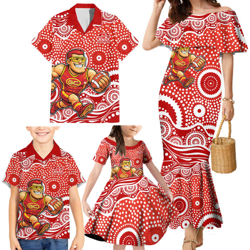 Gold Coast Suns Family Matching Mermaid Dress and Hawaiian Shirt Aboriginal Dot Pattern - Football Mascot Heritage Pride