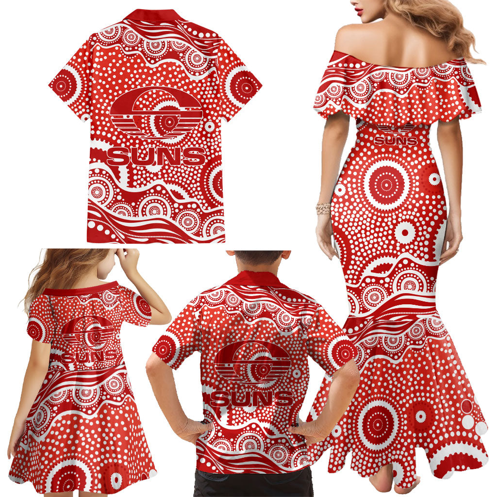 Gold Coast Suns Family Matching Mermaid Dress and Hawaiian Shirt Aboriginal Dot Pattern - Football Mascot Heritage Pride