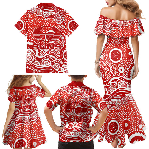 Gold Coast Suns Family Matching Mermaid Dress and Hawaiian Shirt Aboriginal Dot Pattern - Football Mascot Heritage Pride