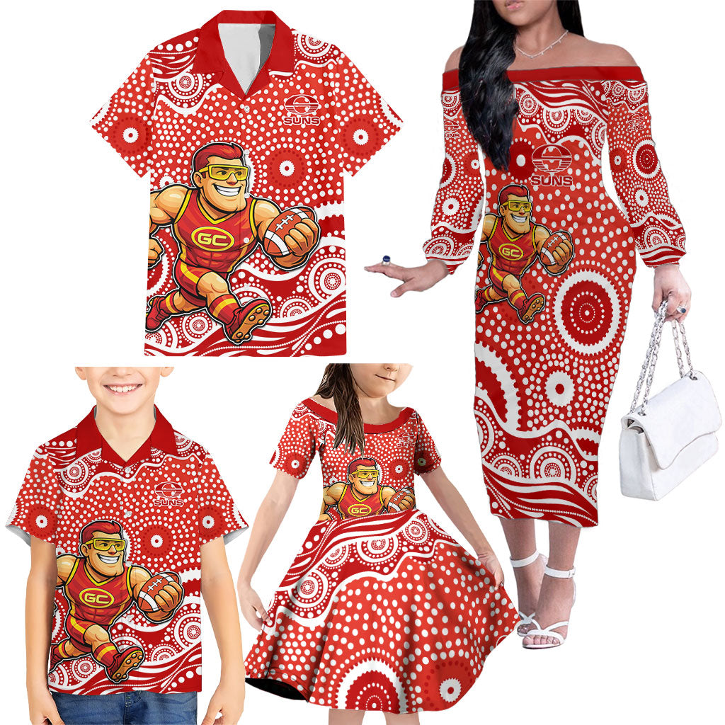 Gold Coast Suns Family Matching Off The Shoulder Long Sleeve Dress and Hawaiian Shirt Aboriginal Dot Pattern - Football Mascot Heritage Pride