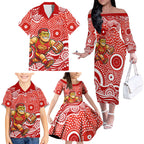 Gold Coast Suns Family Matching Off The Shoulder Long Sleeve Dress and Hawaiian Shirt Aboriginal Dot Pattern - Football Mascot Heritage Pride