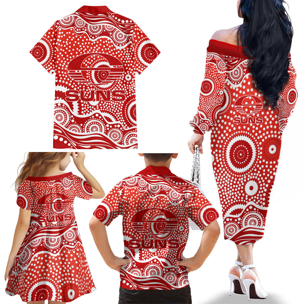 Gold Coast Suns Family Matching Off The Shoulder Long Sleeve Dress and Hawaiian Shirt Aboriginal Dot Pattern - Football Mascot Heritage Pride