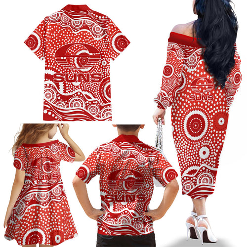 Gold Coast Suns Family Matching Off The Shoulder Long Sleeve Dress and Hawaiian Shirt Aboriginal Dot Pattern - Football Mascot Heritage Pride