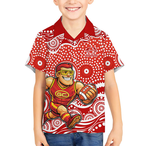 Gold Coast Suns Family Matching Off The Shoulder Long Sleeve Dress and Hawaiian Shirt Aboriginal Dot Pattern - Football Mascot Heritage Pride