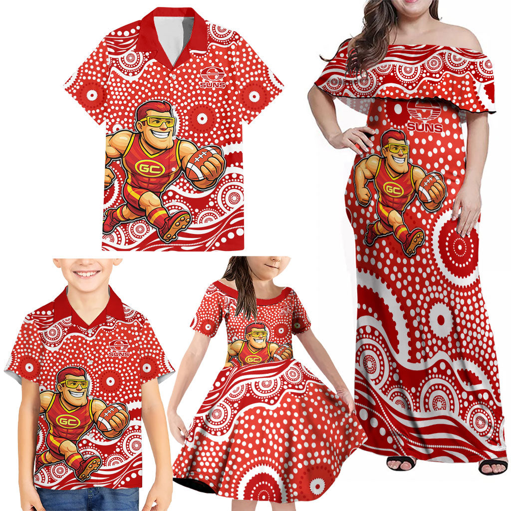 Gold Coast Suns Family Matching Off Shoulder Maxi Dress and Hawaiian Shirt Aboriginal Dot Pattern - Football Mascot Heritage Pride