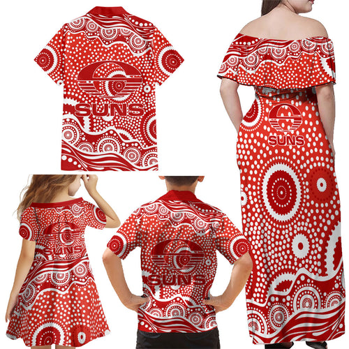 Gold Coast Suns Family Matching Off Shoulder Maxi Dress and Hawaiian Shirt Aboriginal Dot Pattern - Football Mascot Heritage Pride