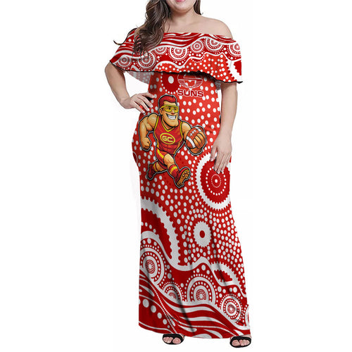 Gold Coast Suns Family Matching Off Shoulder Maxi Dress and Hawaiian Shirt Aboriginal Dot Pattern - Football Mascot Heritage Pride