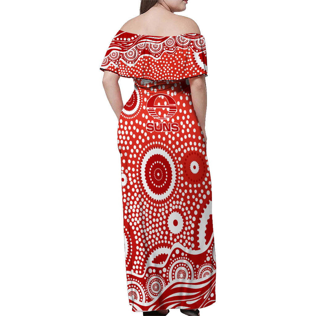 Gold Coast Suns Family Matching Off Shoulder Maxi Dress and Hawaiian Shirt Aboriginal Dot Pattern - Football Mascot Heritage Pride