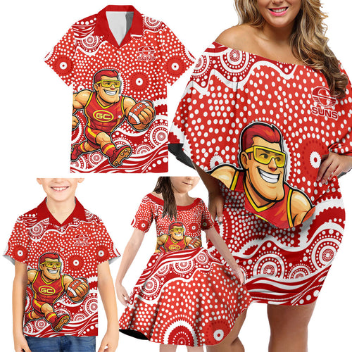 Gold Coast Suns Family Matching Off Shoulder Short Dress and Hawaiian Shirt Aboriginal Dot Pattern - Football Mascot Heritage Pride