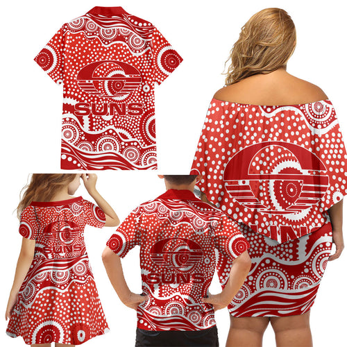 Gold Coast Suns Family Matching Off Shoulder Short Dress and Hawaiian Shirt Aboriginal Dot Pattern - Football Mascot Heritage Pride