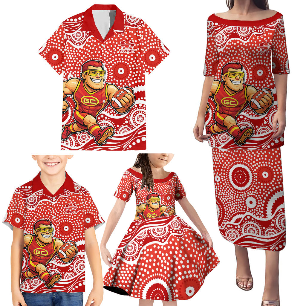 Gold Coast Suns Family Matching Puletasi and Hawaiian Shirt Aboriginal Dot Pattern - Football Mascot Heritage Pride